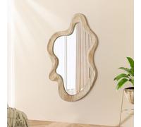 Lzuso Grand Miroir Mural asymétrique Cadre en Bois irrégulier Moderne Unique Mural Art Miroir ondulé décoration Salle de Bain vanité Chambre Salon Hall d'entrée 55x37cm Naturel