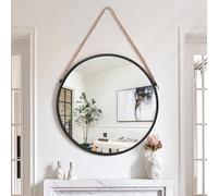 Lzuso Miroir Circulaire à Suspendre - Miroir Rond à Cadre métallique Noir avec Sangles - Décoration de Salle de Bain - Chambre à Coucher - Salon - Entrée - Décoration intérieure 40x40cm