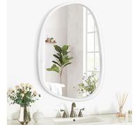 Lzuso Miroir en Bois à Suspendre Miroir Ovale asymétrique pour Le Mur Miroir Artistique décoratif de Forme Unique pour l'entrée Chambre à Coucher Salon Salle de Bain Blanc