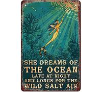 LZWDO Plaque métallique Sirène Elle rêve de l'océan tard dans la nuit Plaque en étain style vintage rétro pour bar, club, cave, maison, cuisine, décoration murale rustique 20 x 30 cm