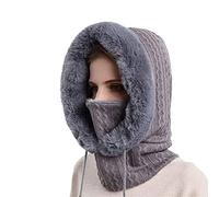 LZYLZF Chapeau de Fourrure d'hiver Ensemble de Masques à Capuche pour Les Femmes 3in1 tricoté Polaire doublé Cou Chaud en Plein air Ski Coupe-Vent Chapeau épais en Peluche Moelleux Bonnets…