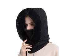 LZYLZF Chapeau de Fourrure d'hiver Ensemble de Masques à Capuche pour Les Femmes 3in1 tricoté Polaire doublé Cou Chaud en Plein air Ski Coupe-Vent Chapeau épais en Peluche Moelleux Bonnets…