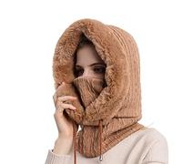 LZYLZF Chapeau de Fourrure d'hiver Ensemble de Masques à Capuche pour Les Femmes 3in1 tricoté Polaire doublé Cou Chaud en Plein air Ski Coupe-Vent Chapeau épais en Peluche Moelleux Bonnets…
