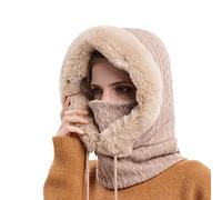 LZYLZF Chapeau de Fourrure d'hiver Ensemble Masques à Capuche pour Les Femmes 3in1 tricoté Polaire doublé Cou Chaud en Plein air Ski Coupe-Vent épais Peluche Moelleux Bonnets(Color:H), Taille unique