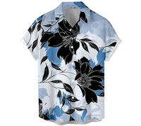 Lzzidou, Chemise hawaïenne pour homme à manches courtes et boutonnée pour la plage, Bleu/blanc/noir, Taille L