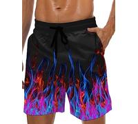 Lzzidou Maillot de bain hawaïen pour homme avec entrejambe de 22,9 cm, doublure en maille, short de plage avec poches, Flamme noire et colorée, Large