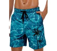 Lzzidou Maillot de Bain hawaïen pour Homme avec Entrejambe de 22,9 cm, Doublure en Maille, Short de Plage avec Poches, Palmier Bleu lac, Large