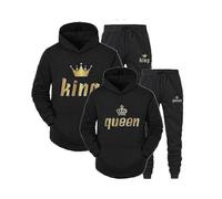 (M,Black King)2023 Fashion Couple Sweatshirt King Queen Printed Lover Hooded Suits Hoodie And Sweatpants 2pcs Set Streetwear Men Women Cloths