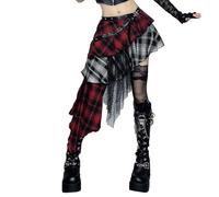 M&Catree Jupe Asymétrique Gothique Punk Jupe Écossaise Noire & Rouge à Volants avec Ceinture Cloutée et Dentelle Mode Alternative - Rouge, S