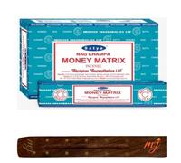 M & J Satya Nag Champa Bâtons d'encens Money Matrix avec porte-encens, boîte complète, pour aromathérapie, spa, yoga, mariages, méditation, guérison, positivité et relaxation
