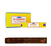 M & J Satya Nag Champa Blessings Boîte complète de bâtons d'encens Original Satya Nag Champa Blessings avec porte-encens, pour aromathérapie, spa, yoga, mariages, méditation, guérison, positivité et