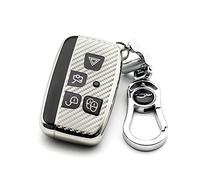 M.JVisun Auto Coques de Clé pour Jaguar XE XEL XF XFL XJ F-Pace F-Type Souple Fibre de Carbone Traiter Galvanisé TPU avec Métal Porte-clés - Argent