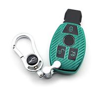 M.JVisun Auto Coques de Clés Pour Mercedes-Benz Classe A B Classe C E S G M V CLA CLS GLA GLC GLE GLK GL GLS SL SLK SLC Viano Pour Metris Souple Fibre de Carbone Sergé TPU Avec Métal Porte-clés - Vert