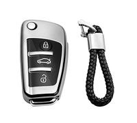 M.JVisun Doux TPU Clef Coque Porte-clés pour Audi A1 A3 A4 A6 A8 Quattro Q2 Q3 Q7 R8 RS3 RS6 S3 S6 TT TTS Pliant e Voiture - Brillant Argent - Tressé Porte-clés