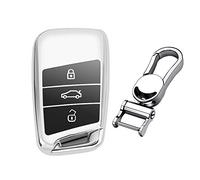 M.JVisun Doux TPU Clef Coque Porte-clés pour Volkswagen Arteon Atlas Golf Alltrack Jetta GLI Passat Taos SEL pour Tiguan pour Skoda Kodiaq Superb A7 Clé de Voiture - Brillant Argent - Métal Porte-clés