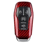 M.JVisun Véritable Fibre de Carbone Porte-clés Auto Coques de Clés Pour Ford Edge Explorer F-150 F-250 F-350 F-450 F-550 Fusion Mondeo Mustang Taurus Protecteur de Clé de Voiture -Pour 4 Bouton -Rouge