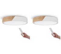 M Ledme - Plafonnier LED Rond Blanc 24W avec Télécommande Réglable 2700K-6500K du Blanc Froid au Blanc Chaud et Intensité 2400LM Design Blanc avec Bois Naturel pour Salle de Bain Cuisine (Lot de 2)
