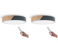 M Ledme - Plafonnier LED Rond Gris 24W avec Télécommande Réglable 2700K-6500K du Blanc Froid au Blanc Chaud et Intensité 2400LM Design Blanc avec Bois Naturel pour Salle de Bain Cuisine (Lot de 2)
