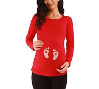 M.M.C. Empreinte de Pied bébé avec cœur- vêtement de maternité Mignon et Rigolo | T-Shirt de maternité avec Motif pour la Grossesse | T-Shirt de Grossesse - à Manches Longues (Rouge, Large)