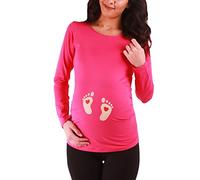 M.M.C. Empreinte de Pied bébé avec cœur- vêtement de maternité Mignon et Rigolo | T-Shirt de maternité avec Motif pour la Grossesse | T-Shirt de Grossesse - à Manches Longues (Corail, Medium)