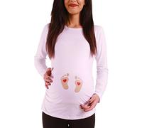 M.M.C. Empreinte de Pied bébé avec cœur- vêtement de maternité Mignon et Rigolo | T-Shirt de maternité avec Motif pour la Grossesse | T-Shirt de Grossesse - à Manches Longues (Blanc, Small)