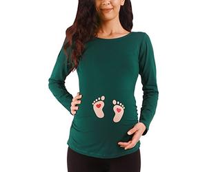 M.M.C. Empreinte de Pied bébé avec cœur- vêtement de maternité Mignon et Rigolo | T-Shirt de maternité avec Motif pour la Grossesse | T-Shirt de Grossesse - à Manches Longues (Vert foncé, Small)