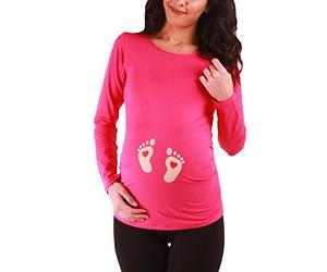 M.M.C. Empreinte de Pied bébé avec cœur- vêtement de maternité Mignon et Rigolo | T-Shirt de maternité avec Motif pour la Grossesse | T-Shirt de Grossesse - à Manches Longues (Corail, X-Large)