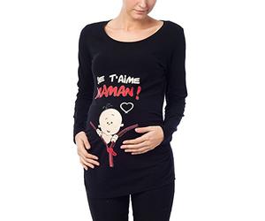 M.M.C. Je t'aime Maman - vêtement de maternité Mignon et Rigolo | T-Shirt de maternité avec Motif pour la Grossesse | T-Shirt de Grossesse - à Manches Longues (Noir, Large)