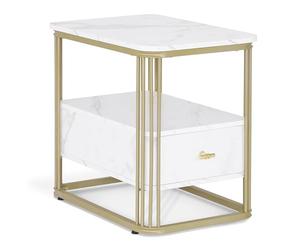 M MCombo 2138 - table d'appoint moderne avec tiroir - En marbre blanc et doré - Petite table basse en métal - Chevet avec 2 étagères