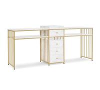 M MCombo 2413 Double coiffeuse, table de manucure, avec tiroirs, avec étagère, sans miroir, blanc avec bord doré