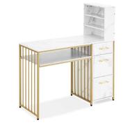M MCombo 2420WG Bureau avec 3 tiroirs, table de manucure, en bois, structure métallique, blanc-or, moderne