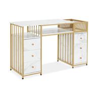 M MCombo 2425WG Coiffeuse 6 tiroirs, bois, structure métallique, table manucure, marbre, blanc-doré