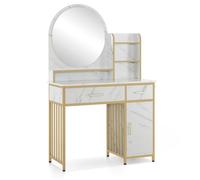 M MCombo 2501 Coiffeuse avec miroir, 2 tiroirs, 3 étagères ouvertes, structure en métal marbré blanc doré