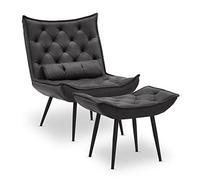 M MCombo 4778 Fauteuil de relaxation moderne avec coussin de taille salon, style rétro, vintage, fauteuil de lecture, fauteuil de salon, fauteuil rembourré, cuir synthétique, gris foncé 6151-4778MB