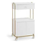 M MCombo Chariot de Service avec roulettes & tiroir, Chariot de Coiffure Blanc-doré, Chariot de Salon avec 2 étagères et Armoire, Chariot de Travail Moderne pour Salle de Bain Salon, 36x50x87cm, 0086