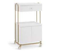 M MCombo Chariot de Service avec roulettes & tiroir, Chariot de Coiffure Blanc-doré, Chariot de Travail Moderne pour Salle de Bain Salon, Chariot de Salon avec 2 étagères et Armoire, 0086