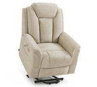 M MCombo Fauteuil TV avec Aide à la montée électrique, 2 roulettes pour la mobilité, Massage et Chauffage, Appui-tête réglable, Coussin en Mousse 35D (Tissu, Beige)