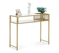 M MCombo Table console étroite en marbre doré moderne avec 2 étagères et structure en métal - Table d'entrée pour couloir, salon, chambre à coucher - 110 x 40 x 90 cm - 2276