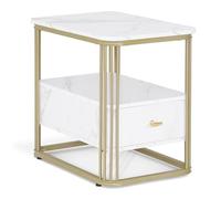 M MCombo Table d'appoint avec tiroir, Table Basse Moderne marbre Blanc Or, Petite Table Basse en métal, Table de Chevet avec 2 étagères, Table Basse pour Salon, 60x40x55, 2138
