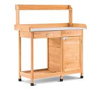 M MCombo Table de Jardin avec Tiroir, Étagère, Plan Galvanisé & Armoire, Table Jardinier Imperméable 3 Crochets, Table à Fleurs Bois Massif Jardin, Balcon & Terrasse, 48x112x126 cm, 0440 (Naturel)