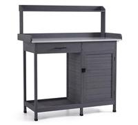 M MCombo Table de Jardin avec Tiroir, Étagère, Plan Galvanisé & Armoire, Table Jardinier Imperméable 3 Crochets, Table à Fleurs Bois Massif Jardin, Balcon & Terrasse, 48x112x126 cm, 0440 (Gris)