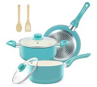 M MELENTA Batterie de cuisine 7 pièces en céramique antiadhésive, ensemble compact de casseroles et poêles, batterie de cuisine à induction avec poêle à frire et casserole, sans PFOA et PFAS