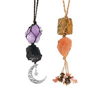 M METERXITY 1 Ensemble Ornements Suspendus Fait Main pour Voiture | Charme, Améthyste, Jais, Cristal, Œil de Fauve, Agate Rouge, Corde Marron, Lune Étoile, Pierres Éclats