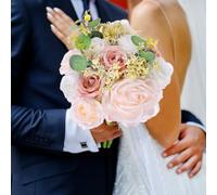 M METERXITY Bouquets de Mariage, Bouquet de Fleurs Artificielles pour Mariage, Bouquets de Mariée, Bouquets Multicolores avec Ruban en Soie [Couleur Pâte de Haricots]