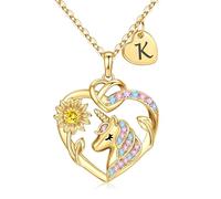 M MOOHAM Cadeau licorne tournesol pour filles - Collier avec initiale licorne plaqué or 14 carats - Bijoux licornes - Cadeau d'anniversaire pour filles et enfants, Laiton, Zircon
