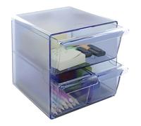 m-office Kali Organizador Modular Apilable Archicubo Fabricado En Poliestireno Transparente Con 2 Cajones Pequeños Y 1 Cajón Grande (Azul Transparente)