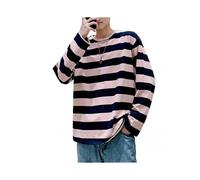 (M,Pink)Men's Striped Sweatshirt Crew Neck Long Sleeve Casual Loose Fit Top for Youth Men Fashion Apparel