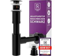 M. ROSENFELD HOME Siphon pour lavabo noir mat avec dispositif de vidange pop-up, joint d'odeur en acier inoxydable de 1¼", avec trop-plein, tube immergé 70-150 mm, ensemble complet pour une salle de