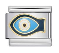 M&S Breloque en acier inoxydable 18 carats avec croix Jésus mauvais œil pour anniversaire, camélia, maman, fille, chien, chat, 9 mm, compatible avec bracelet Nomination, 0, Métal, Pas de gemme