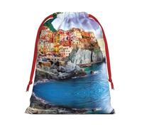 M Sac de Noël avec cordon de serrage - Réutilisable - Imprimé paysage Cinque Terre - Sacs de vacances pour fêtes de Noël, sacs à dragées pour anniversaires, mariages